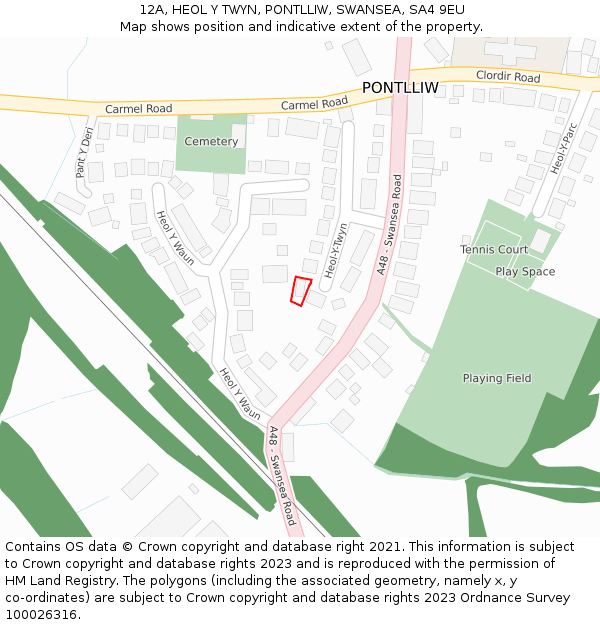 12A, HEOL Y TWYN, PONTLLIW, SWANSEA, SA4 9EU: Location map and indicative extent of plot