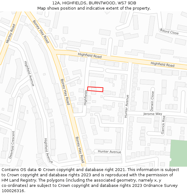 12A, HIGHFIELDS, BURNTWOOD, WS7 9DB: Location map and indicative extent of plot