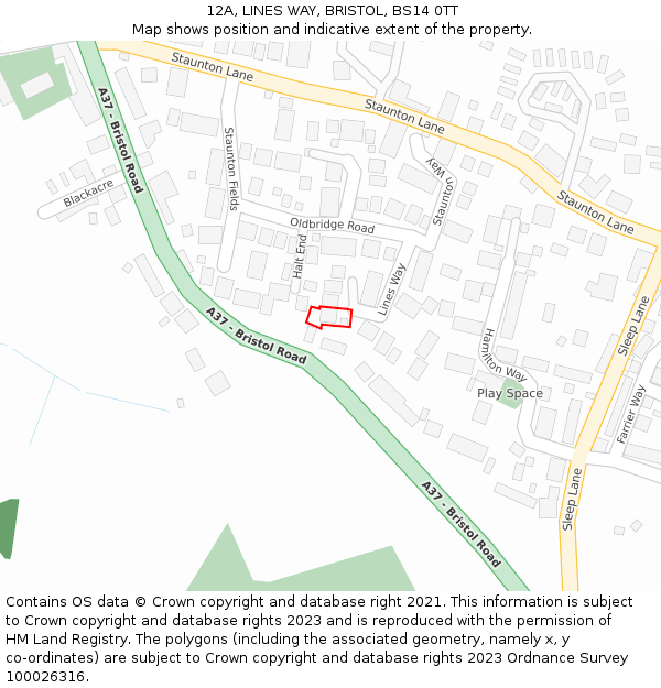 12A, LINES WAY, BRISTOL, BS14 0TT: Location map and indicative extent of plot