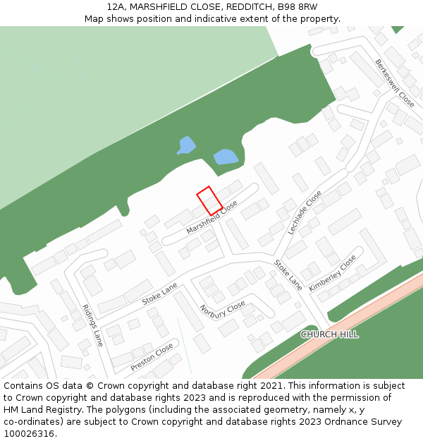 12A, MARSHFIELD CLOSE, REDDITCH, B98 8RW: Location map and indicative extent of plot