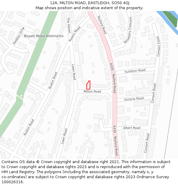 12A, MILTON ROAD, EASTLEIGH, SO50 4GJ: Location map and indicative extent of plot