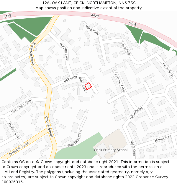 12A, OAK LANE, CRICK, NORTHAMPTON, NN6 7SS: Location map and indicative extent of plot