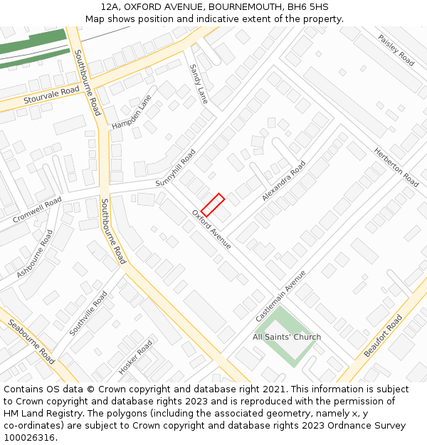 12A, OXFORD AVENUE, BOURNEMOUTH, BH6 5HS: Location map and indicative extent of plot