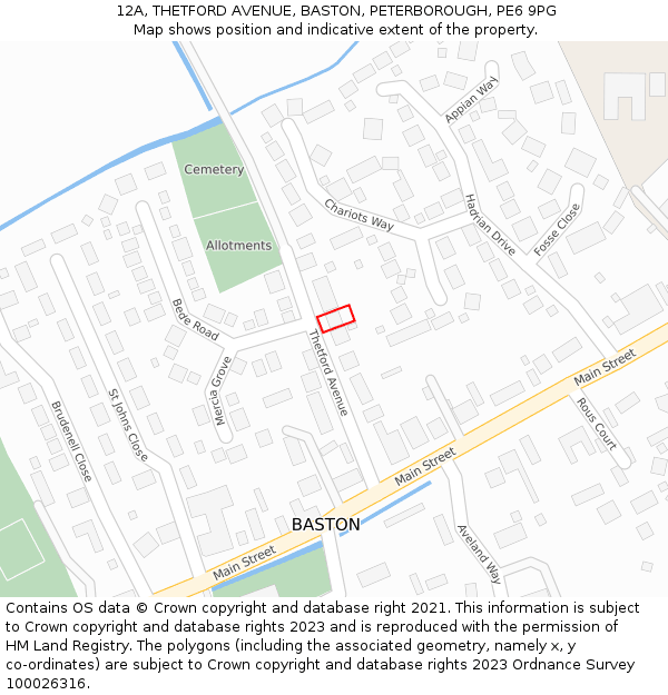 12A, THETFORD AVENUE, BASTON, PETERBOROUGH, PE6 9PG: Location map and indicative extent of plot