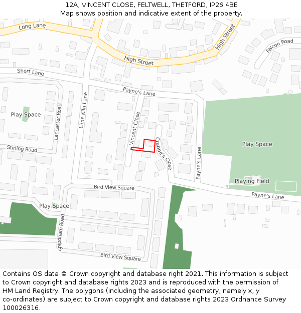 12A, VINCENT CLOSE, FELTWELL, THETFORD, IP26 4BE: Location map and indicative extent of plot