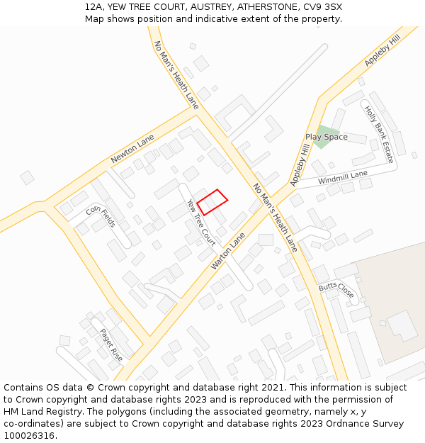 12A, YEW TREE COURT, AUSTREY, ATHERSTONE, CV9 3SX: Location map and indicative extent of plot