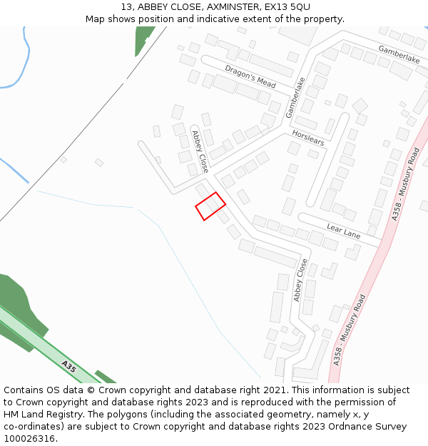 13, ABBEY CLOSE, AXMINSTER, EX13 5QU: Location map and indicative extent of plot