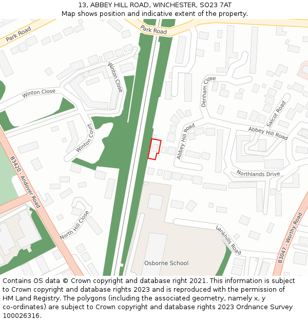13, ABBEY HILL ROAD, WINCHESTER, SO23 7AT: Location map and indicative extent of plot