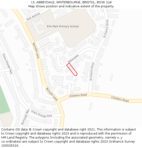 13, ABBEYDALE, WINTERBOURNE, BRISTOL, BS36 1LW: Location map and indicative extent of plot