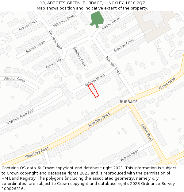 13, ABBOTTS GREEN, BURBAGE, HINCKLEY, LE10 2QZ: Location map and indicative extent of plot