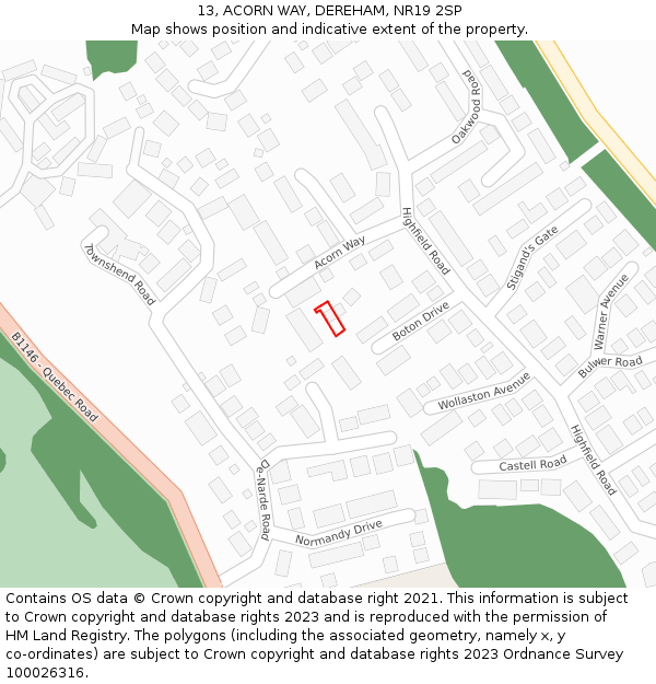 13, ACORN WAY, DEREHAM, NR19 2SP: Location map and indicative extent of plot