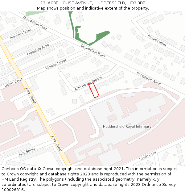 13, ACRE HOUSE AVENUE, HUDDERSFIELD, HD3 3BB: Location map and indicative extent of plot