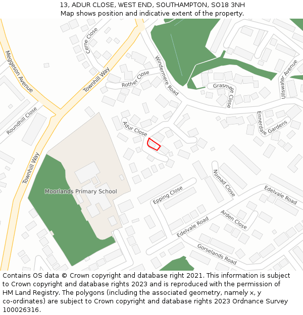 13, ADUR CLOSE, WEST END, SOUTHAMPTON, SO18 3NH: Location map and indicative extent of plot