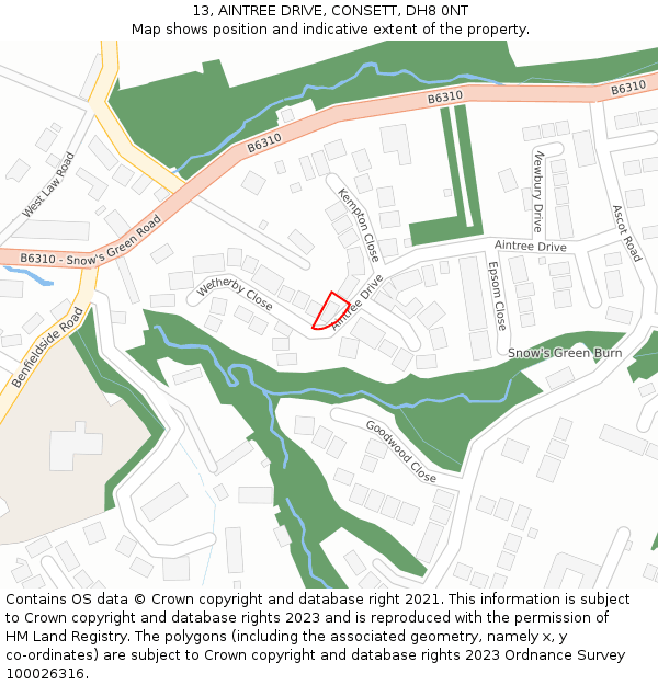 13, AINTREE DRIVE, CONSETT, DH8 0NT: Location map and indicative extent of plot