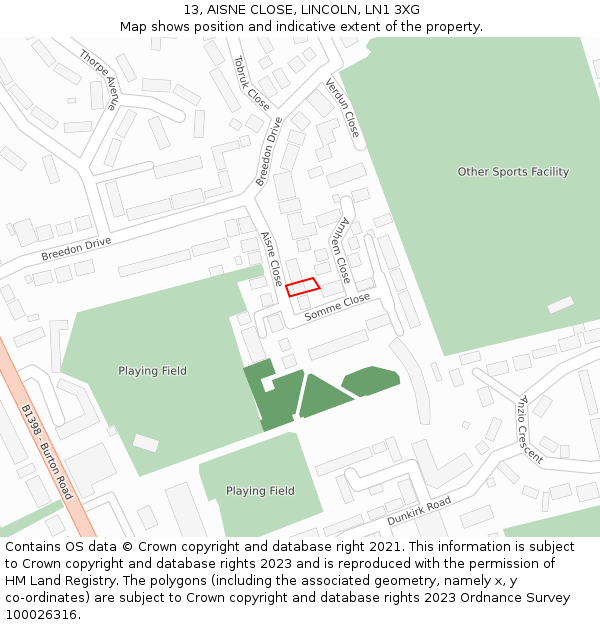 13, AISNE CLOSE, LINCOLN, LN1 3XG: Location map and indicative extent of plot