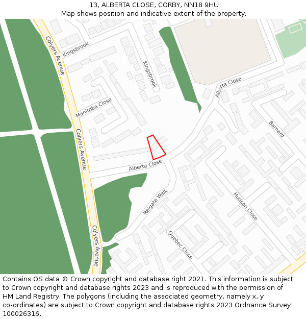 13, ALBERTA CLOSE, CORBY, NN18 9HU: Location map and indicative extent of plot