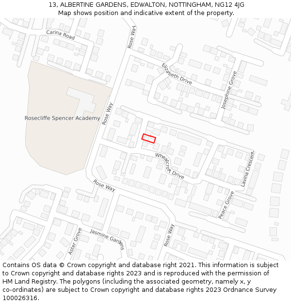 13, ALBERTINE GARDENS, EDWALTON, NOTTINGHAM, NG12 4JG: Location map and indicative extent of plot