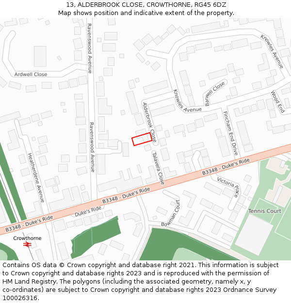 13, ALDERBROOK CLOSE, CROWTHORNE, RG45 6DZ: Location map and indicative extent of plot