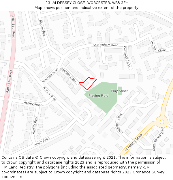 13, ALDERSEY CLOSE, WORCESTER, WR5 3EH: Location map and indicative extent of plot