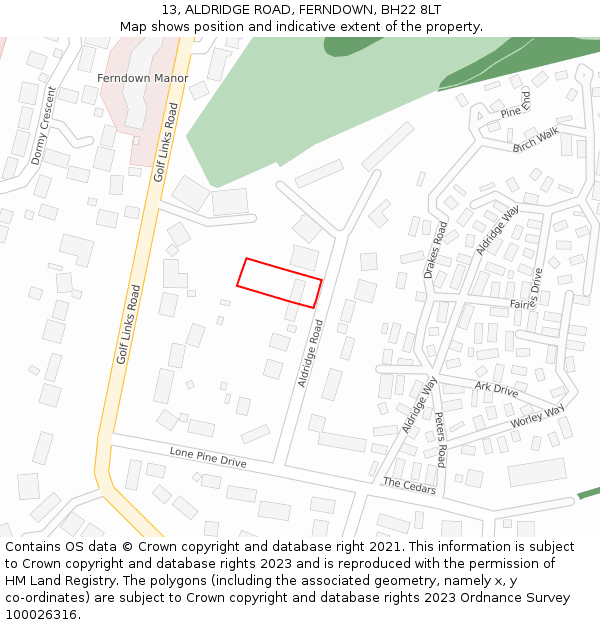 13, ALDRIDGE ROAD, FERNDOWN, BH22 8LT: Location map and indicative extent of plot