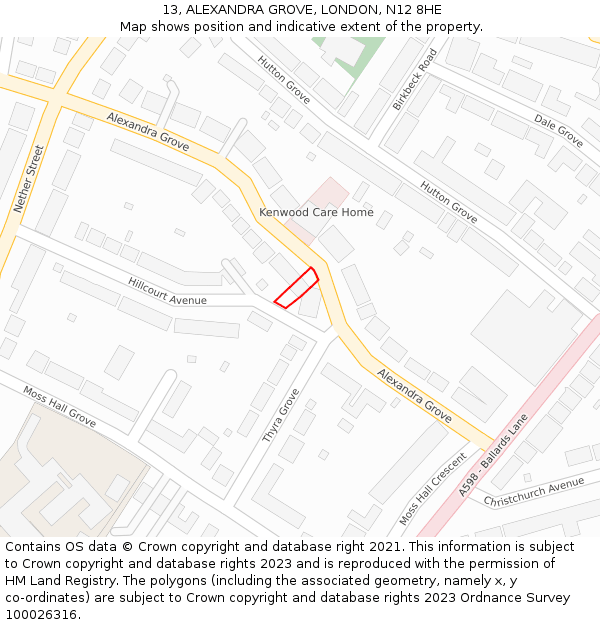 13, ALEXANDRA GROVE, LONDON, N12 8HE: Location map and indicative extent of plot