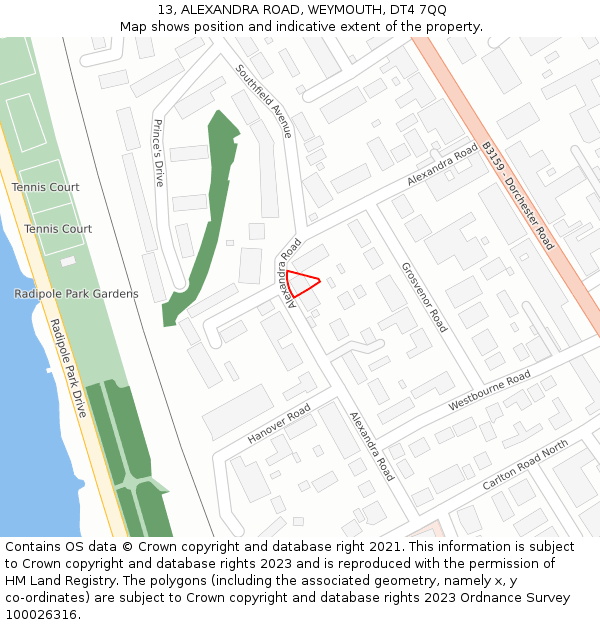 13, ALEXANDRA ROAD, WEYMOUTH, DT4 7QQ: Location map and indicative extent of plot