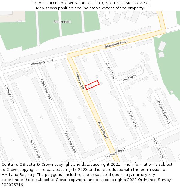 13, ALFORD ROAD, WEST BRIDGFORD, NOTTINGHAM, NG2 6GJ: Location map and indicative extent of plot