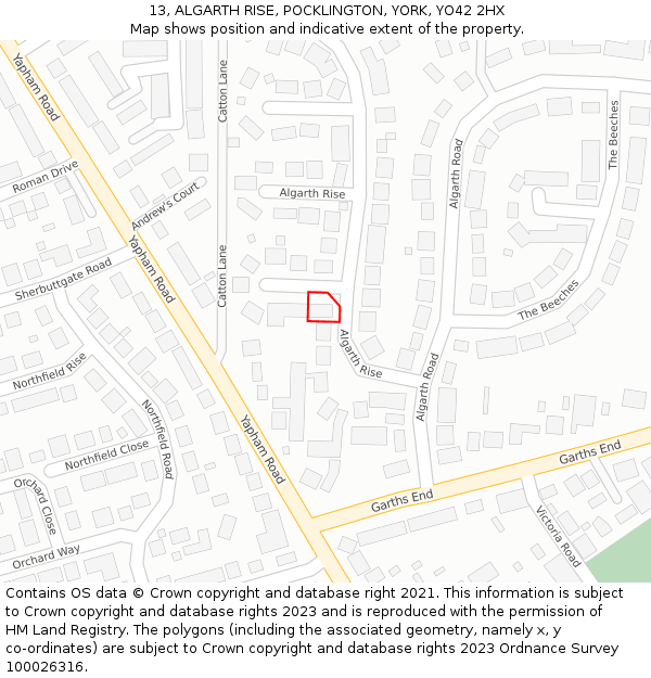 13, ALGARTH RISE, POCKLINGTON, YORK, YO42 2HX: Location map and indicative extent of plot