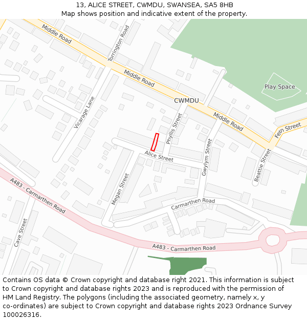 13, ALICE STREET, CWMDU, SWANSEA, SA5 8HB: Location map and indicative extent of plot