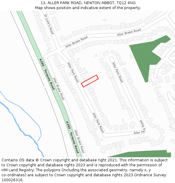 13, ALLER PARK ROAD, NEWTON ABBOT, TQ12 4NG: Location map and indicative extent of plot