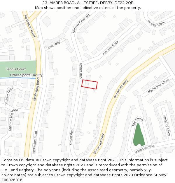 13, AMBER ROAD, ALLESTREE, DERBY, DE22 2QB: Location map and indicative extent of plot