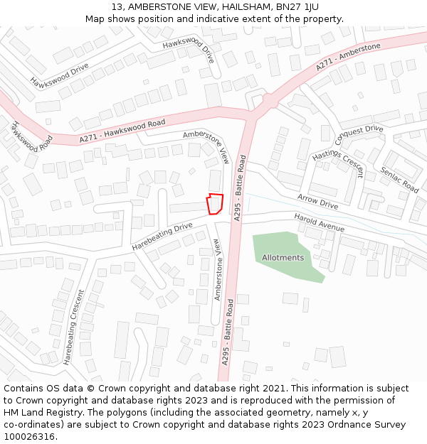 13, AMBERSTONE VIEW, HAILSHAM, BN27 1JU: Location map and indicative extent of plot