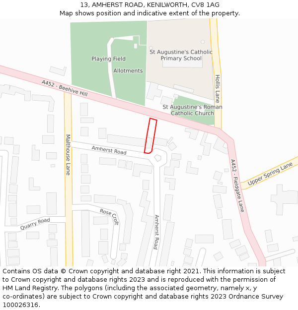 13, AMHERST ROAD, KENILWORTH, CV8 1AG: Location map and indicative extent of plot