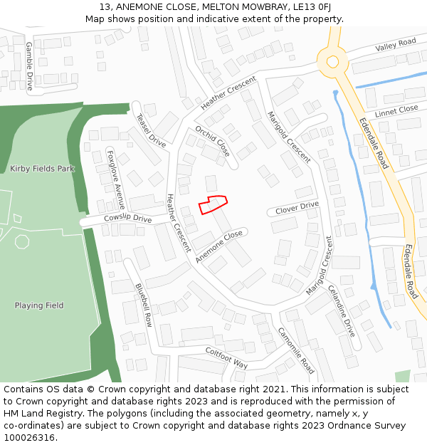 13, ANEMONE CLOSE, MELTON MOWBRAY, LE13 0FJ: Location map and indicative extent of plot