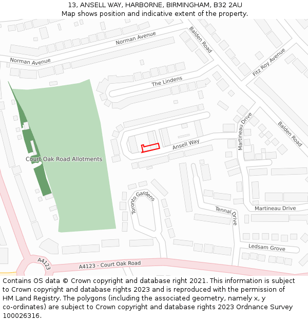 13, ANSELL WAY, HARBORNE, BIRMINGHAM, B32 2AU: Location map and indicative extent of plot