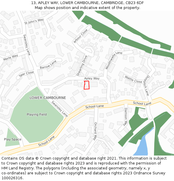 13, APLEY WAY, LOWER CAMBOURNE, CAMBRIDGE, CB23 6DF: Location map and indicative extent of plot