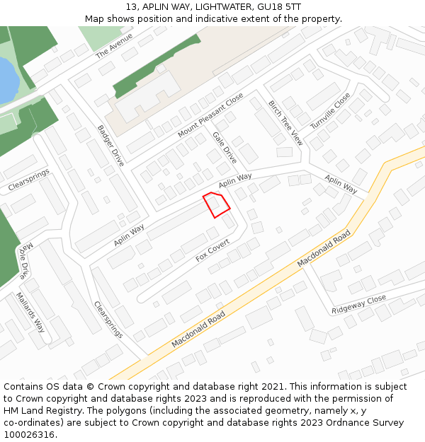 13, APLIN WAY, LIGHTWATER, GU18 5TT: Location map and indicative extent of plot