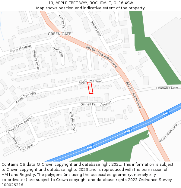 13, APPLE TREE WAY, ROCHDALE, OL16 4SW: Location map and indicative extent of plot