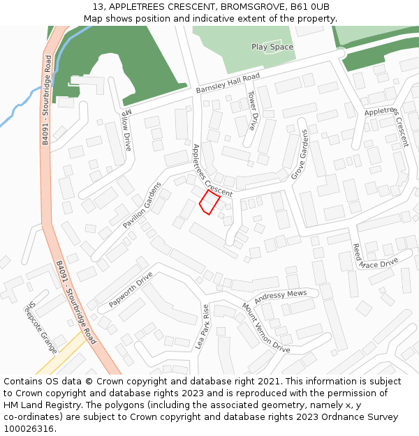 13, APPLETREES CRESCENT, BROMSGROVE, B61 0UB: Location map and indicative extent of plot