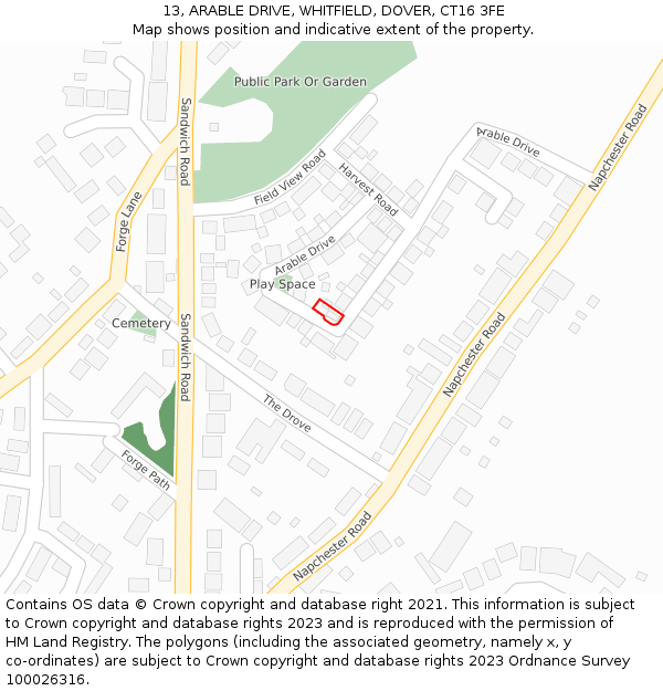 13, ARABLE DRIVE, WHITFIELD, DOVER, CT16 3FE: Location map and indicative extent of plot