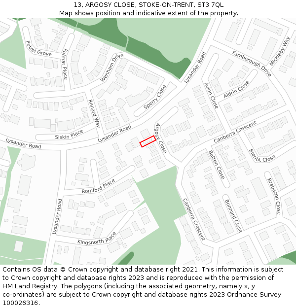 13, ARGOSY CLOSE, STOKE-ON-TRENT, ST3 7QL: Location map and indicative extent of plot