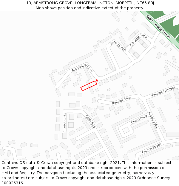 13, ARMSTRONG GROVE, LONGFRAMLINGTON, MORPETH, NE65 8BJ: Location map and indicative extent of plot