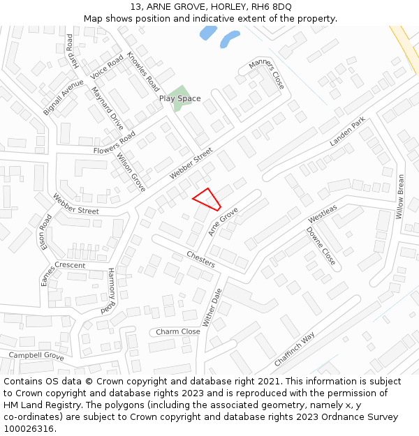 13, ARNE GROVE, HORLEY, RH6 8DQ: Location map and indicative extent of plot