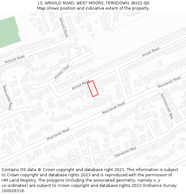13, ARNOLD ROAD, WEST MOORS, FERNDOWN, BH22 0JX: Location map and indicative extent of plot
