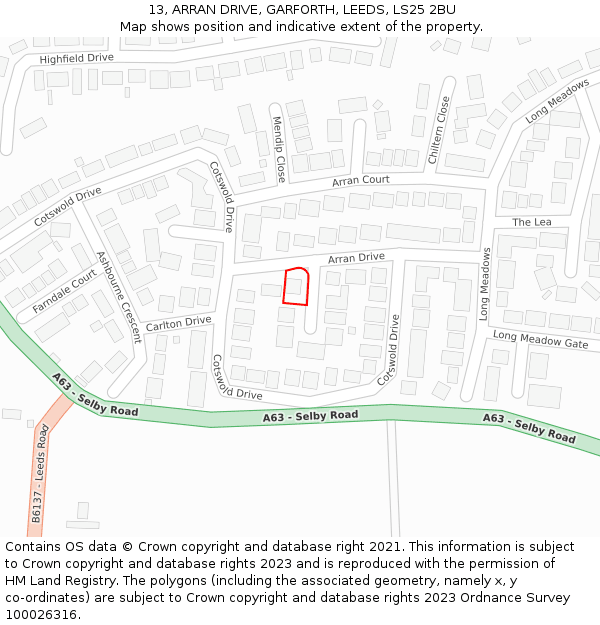 13, ARRAN DRIVE, GARFORTH, LEEDS, LS25 2BU: Location map and indicative extent of plot