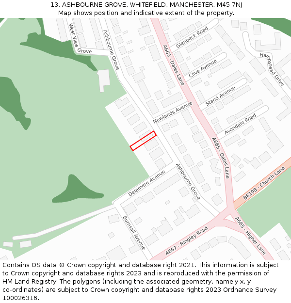 13, ASHBOURNE GROVE, WHITEFIELD, MANCHESTER, M45 7NJ: Location map and indicative extent of plot