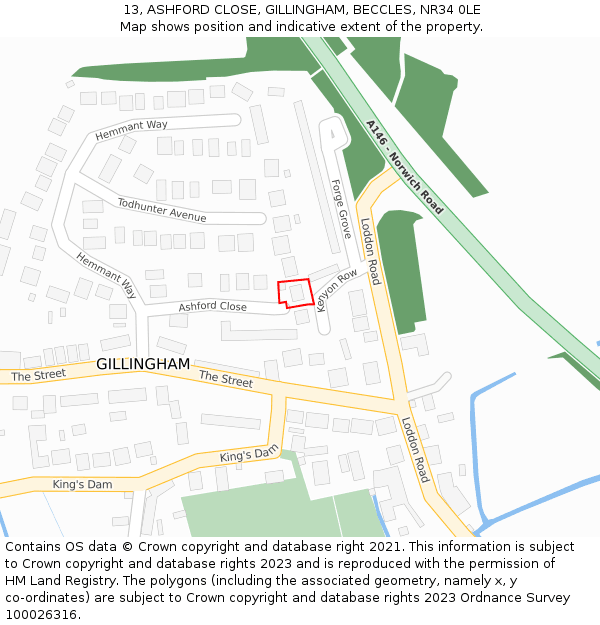 13, ASHFORD CLOSE, GILLINGHAM, BECCLES, NR34 0LE: Location map and indicative extent of plot