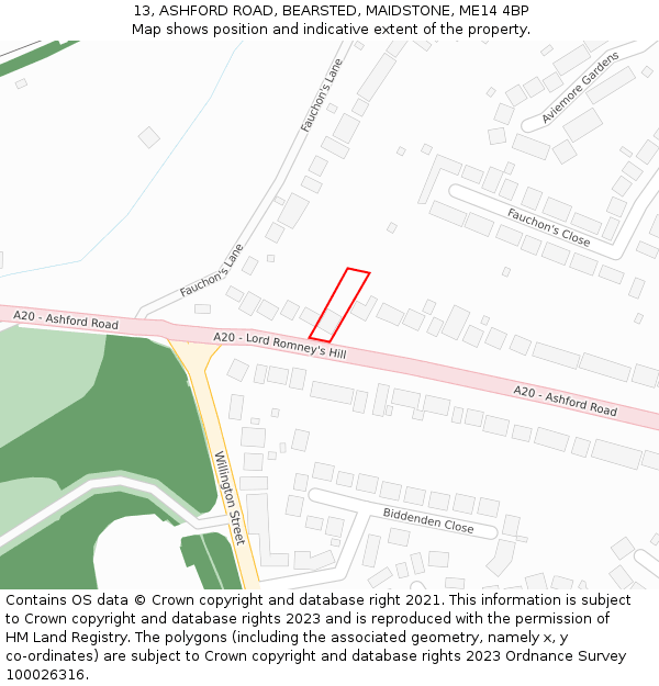 13, ASHFORD ROAD, BEARSTED, MAIDSTONE, ME14 4BP: Location map and indicative extent of plot