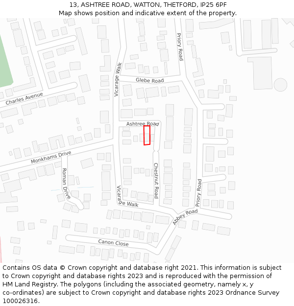 13, ASHTREE ROAD, WATTON, THETFORD, IP25 6PF: Location map and indicative extent of plot