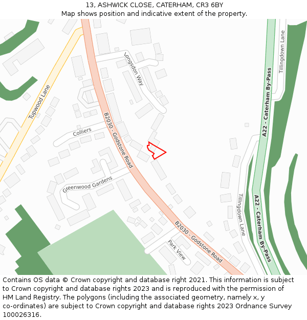 13, ASHWICK CLOSE, CATERHAM, CR3 6BY: Location map and indicative extent of plot